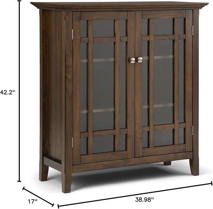SIMPLIHOME Bedford Storage Cabinet - 39 inch Wide Solid Wood Medium Cabinet in Rustic Natural Aged Brown, Transitional Console for Living Room, Entryway, or Dining Room with Glass Doors and Shelves