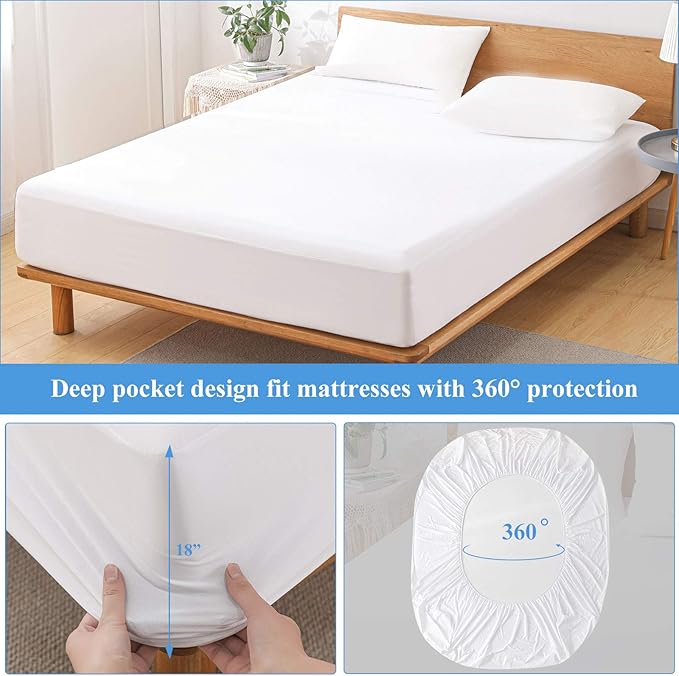 California King Waterproof Mattress Protector - Noiseless, Breathable, Machine Washable Fitted Mattress Cover with Deep Pocket up to 5”-21”（White）