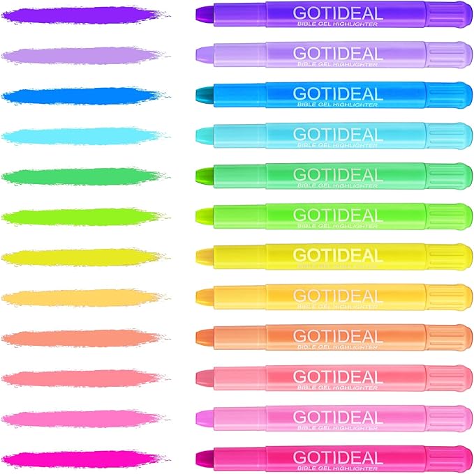 GOTIDEAL Bible Highlighters, 12 Pack Assorted Colors Gel Highlighters Pens Set, Wax Bible Markers for Study Journaling School Book Supplies