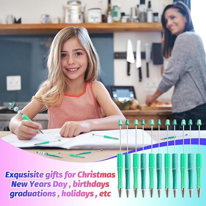 300 Pieces DIY Beadable Pen Kit – 100 Plastic Ballpoint Pens with Refills & Bags – School Supplies, Office Accessories & Decorative Items for Students & Teachers (Cyan)