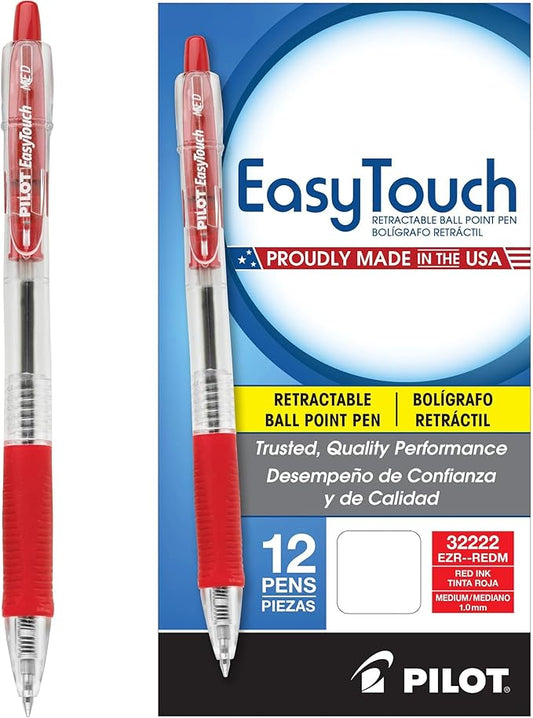 PILOT EasyTouch Refillable & Retractable Ballpoint Pens, Medium Point, Red Ink, 12-Pack (32222)