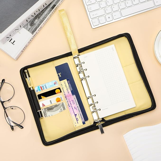 Toplive A6 Budget Binder with Zipper, 6 Ring Refillable Planner Binder Cover for A6 Cash Budget System, PU Leather Personal Organizer Personal Wallet Binder, Glitter Gold