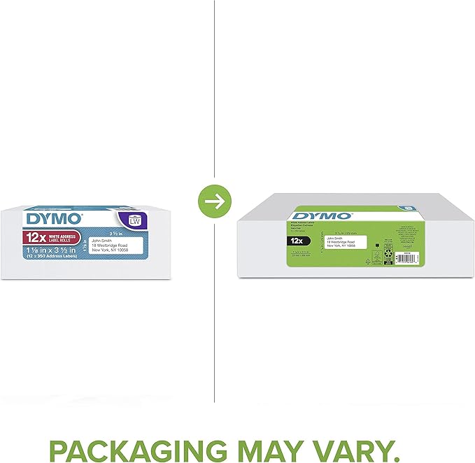 DYMO Authentic LW Mailing Address Labels for LabelWriter Label Printers, White, 1-1/8" x 3-1/2", 12 Rolls of 350 (4200 Total)