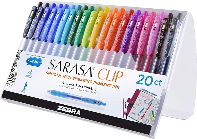 Zebra Pen Sarasa Clip Retractable Gel Pen, 0.5mm Fine Point, Rainbow Assorted Vibrant Ink Color, Water-Based, Ideal for Office and School, Journal, Note Taking and Planner Use, 20-Pack (47220)