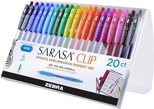 Zebra Pen Sarasa Clip Retractable Gel Pen, 0.5mm Fine Point, Rainbow Assorted Vibrant Ink Color, Water-Based, Ideal for Office and School, Journal, Note Taking and Planner Use, 20-Pack (47220)
