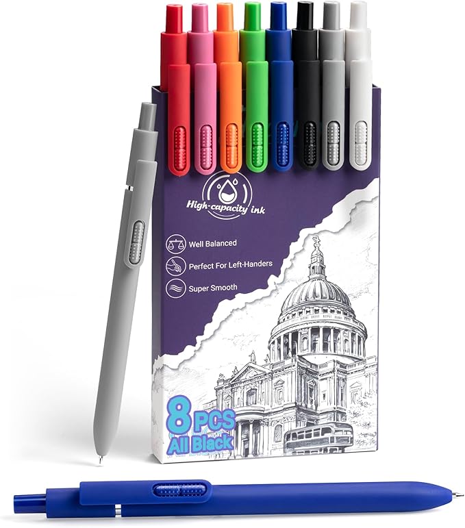 8-Pack 1mm Ballpoint Pens, Black Ink Smooth Writing Retractable Pens for Journaling, High-end Comfort Grip Ball Point Pen School & Office Supplies for Men Women