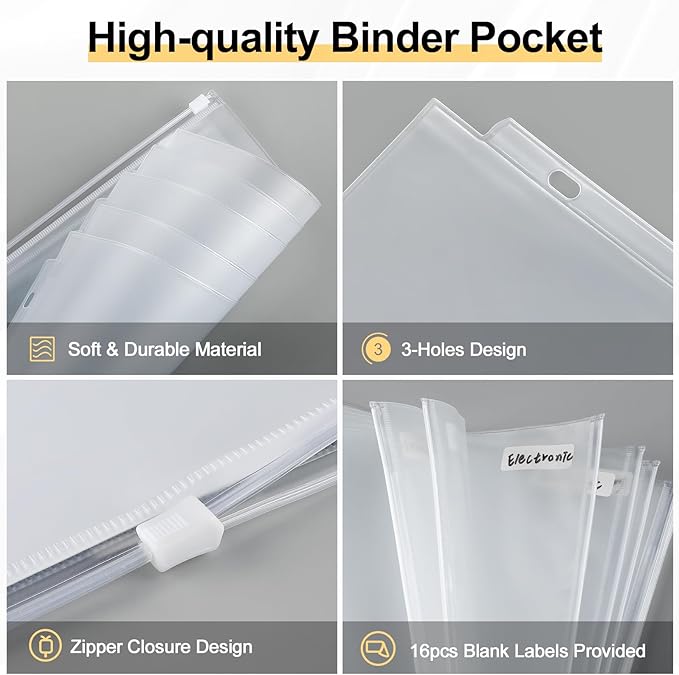 KTRIO Letter Size Binder Pockets 3 Ring Binder Zipper Pouch 24 Pack, 3 Holes Clear PVC Loose Leaf Bags 8.5"×11" Document Folders for Business Office School Supplies