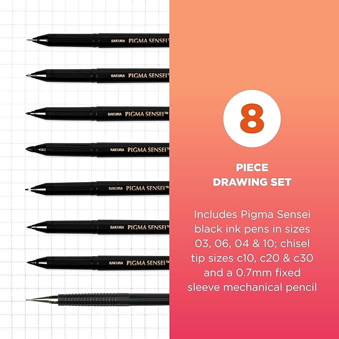 SAKURA 50204 8-Piece Pigma Sensei Manga Drawing Kit, Black