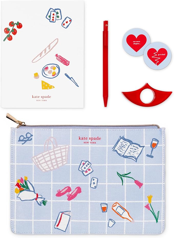 kate spade new york Reading Kit Set with Book Journal, Ballpoint Pen, Book Holder, Novelty Decision Coin, and Zipper Canvas Pouch (Park Picnic)