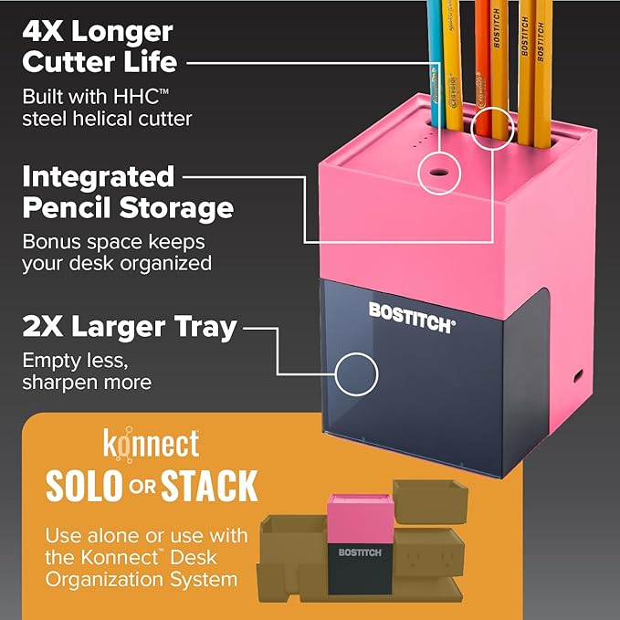 Bostitch Konnect Rechargeable Pencil Sharpener (USB-C), Auto-Stop Helical Cutter, Portable Electric Sharpener for No.2/Colored Pencils, Home, Office, Classroom, Pink