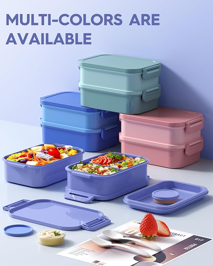 Adults Bento Lunch Box Set with Thermo Bag, 74oz Stackable Leak-proof 3-tiers Bento Box, Built-in Utensil and Sauce Container for Work, School, Dining Out (Purple)