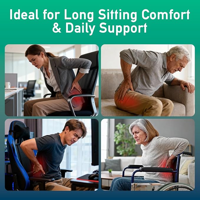 Firm Support Seat Cushion for Long Sitting, Ergonomic Memory Foam with Coccyx Cut-Out, Stable Pressure Distribution for Office Chair, Gaming & Daily Home Seating, Non-Slip Bottom, Washable Cover