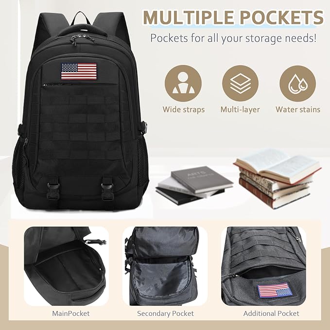 Tactical Backpack 35L - 19'' Waterproof School Bag for Kids, 15.6" Laptop Compartment & MOLLE Webbing for Camping Hiking Travel