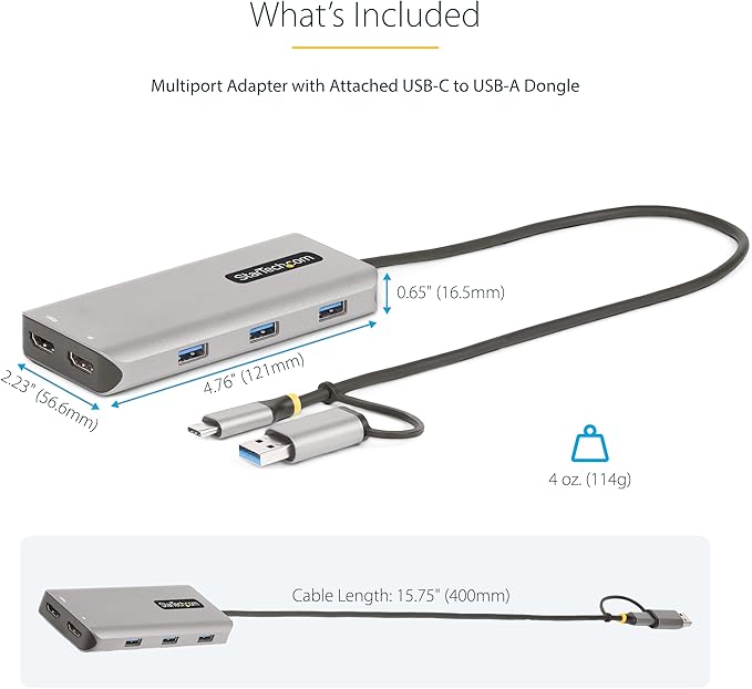 StarTech.com USB-C Multiport Adapter w/Attached USB-C to USB-A Dongle, Dual HDMI (4K30Hz/1080p60Hz), 3X USB-A 5Gbps, Mini Travel Dock, Laptop Docking Station, 1.3ft/40cm Cable (167B-USBC-MULTIPORT)
