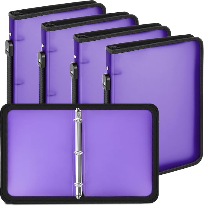 Teling 4 Pcs 1 Inch Purple Zipper Binder with 3 Ring Zipper Binder, Refillable Plastic Clear File Organizer Planner for Projects, Assignments, Memos, School Work, 11.3 x 9.3 Inches