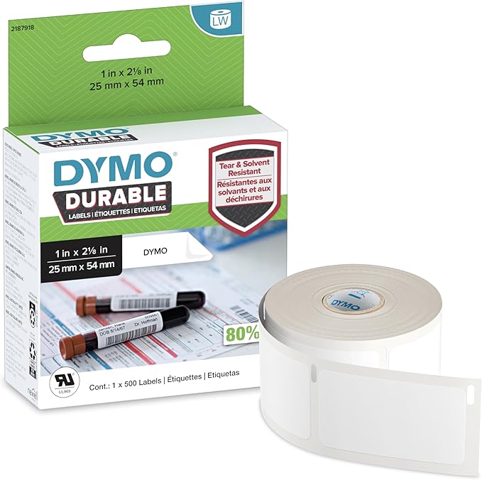 DYMO Authentic LabelWriter Durable Laboratory Labels 25mm x 54mm 500 Self-Adhesive Labels High-Performance for LabelWriter Label Makers