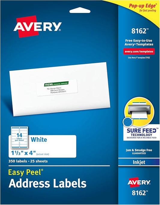 Avery Mailing Address Labels, Inkjet Printers, 350 Labels, 1-1/3 x 4, Permanent Adhesive, 5 Packs (8162)