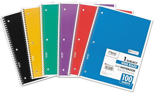 Mead Spiral Notebook, 1 Subject, Wide Ruled Paper, 100 Sheets, 10-1/2" x 8", Color Selected For You, 1 Count (05514)