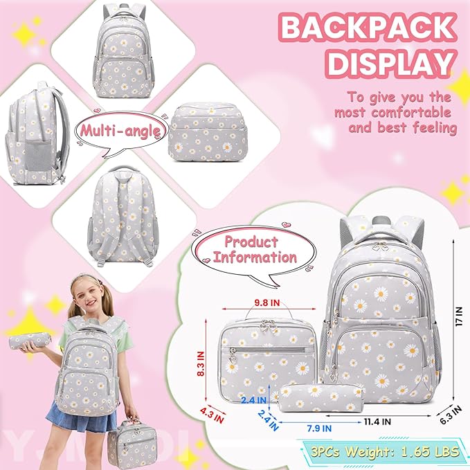 YJMKOI 3Pcs Daisy Prints Backpack for Girls Middle-School Elementary Students Bookbag Set with Lunch Box (Black)