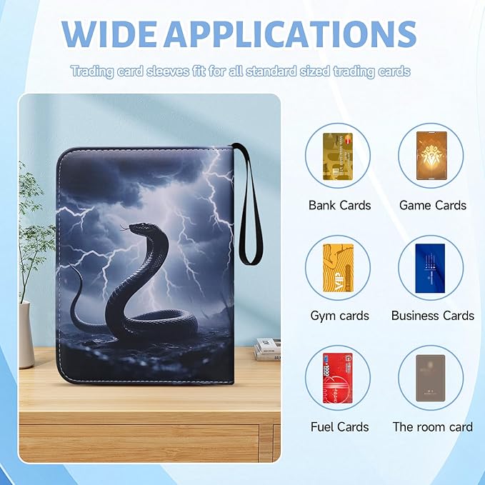 Trading Card Binder, Premium 4-Pocket Album with 400 Removable Side-Loading Sleeves, PU Waterproof, Cool Black Serpent Cover, Gray Holder for Game, Sports, Business, and Coupon Cards