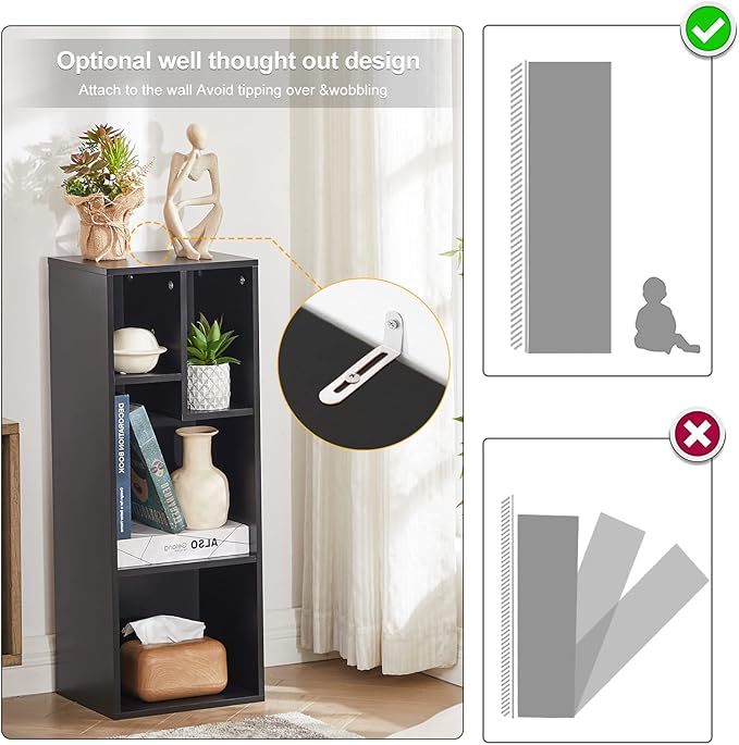 VECELO Small Bookshelf, 4 Cube Slim Bookcase, Fits Tallest Hardcovers, Horizontal Available, Modern Floor Standing Unit, Each Shelf Hold Up to 66 LBS,Black