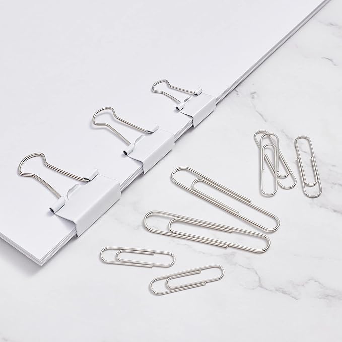 FUDAO FAMILY Paper Clips & Binder Clips, 340 PCS Assorted Sizes, Silver & White