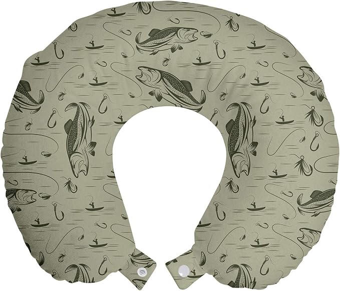 Ambesonne Fishing Travel Pillow Neck Rest, Hobby Concept Pattern with Fisherman on Boat Catching Trouts with Rot and Hook, Memory Foam Traveling Accessory for Airplane and Car, 12", Dusk Green