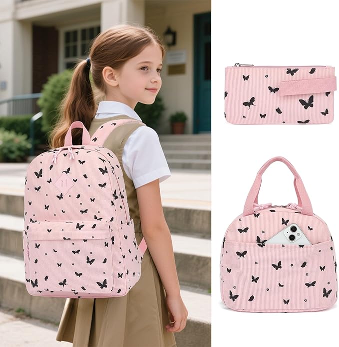 Corduroy Girls Backpack Set, 3PCS School Backpacks for Kids Elementary Middle School Bags with Lunch Box Pencil Case (Pink Corduroy Butterfly)