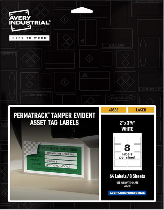 Avery White Asset Tag Labels, 3-3/4" x 2", Tamper-Evident Laser Printable Tags, 64 Waterproof Labels (60538)