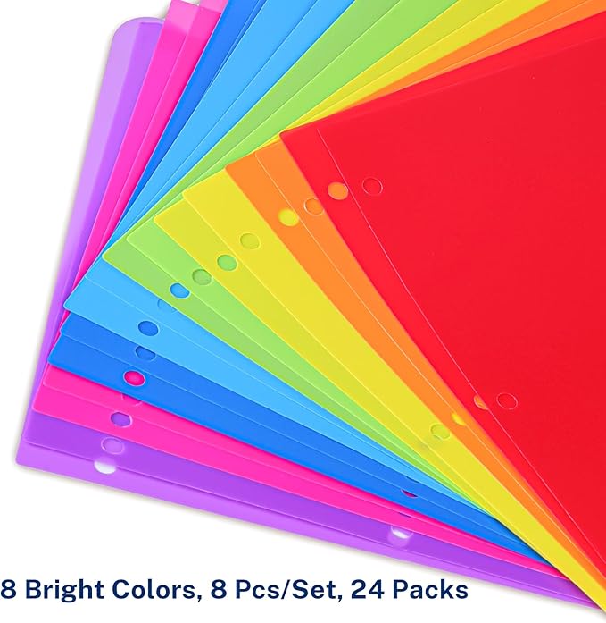 Dividers for 3 Ring Binder, 8 Tab Vibrant Colors 3 Sets 24 Pcs Plastic Binder Dividers with Tabs, 3 Hole Punched Tab Dividers Letter Size for School Office, Assorted Bright Rainbow Colors
