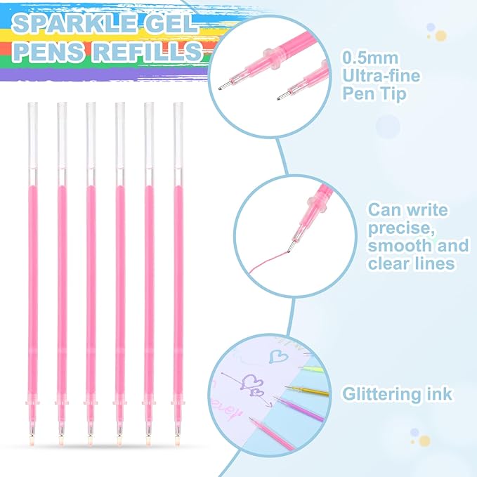 PATIKIL 0.5mm Gel Pens Refills, 24 Pack Glitter Gel Pens Sparkle Metallic Ink Fine Point Colored Refill Set for Adults Coloring Books Journaling Scrapbooking Art Drawing, Pink
