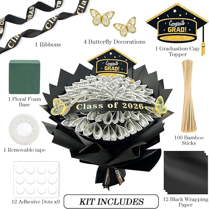 DataMoon 2026 Graduation Gifts for Her Him, DIY Money Bouquet Kit Class of 2026 Middle High School College Graduation Gifts Ideas for Women Daughter Son
