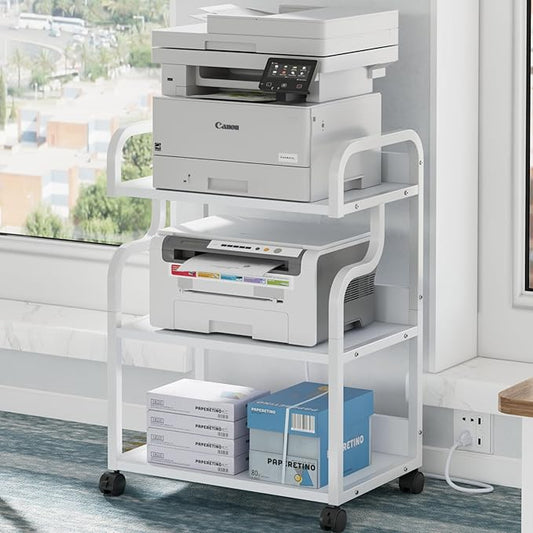 VECELO Large Printer Stand with Power Outlet, 3-Tier Rolling Cart with Lockable Wheels, Heavy Duty Utility Table for Home Office, 18.9"x23.6"x30.2", White