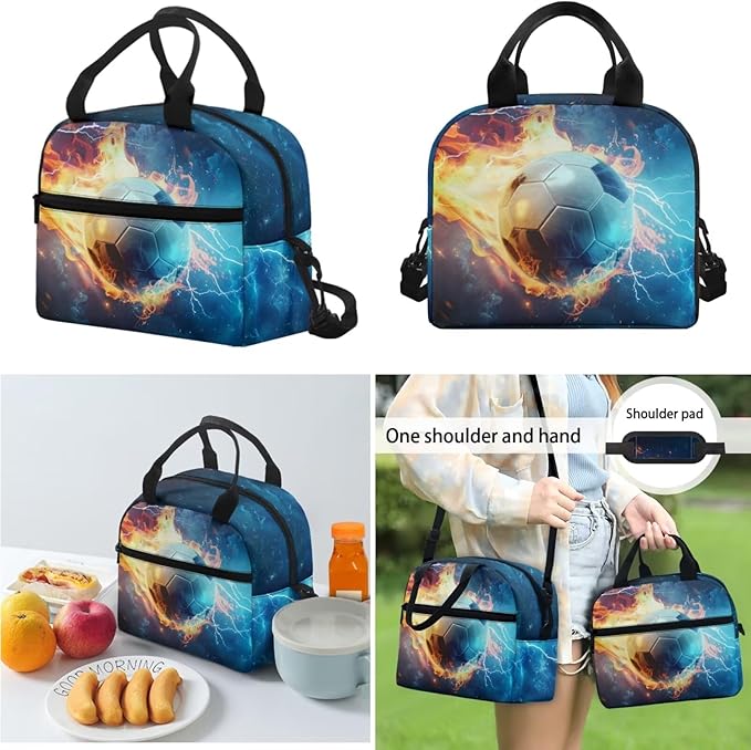 Fire Soccer Elementary Backpack Set for Boys, Large Boys Book Bag Teenage Backpacks for Boys Elementary Middle High School with Lunch Bag Pencil Case, Back to School Supplies, Blue