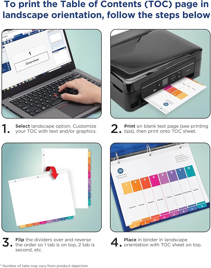 Avery 8 Tab Dividers for 3 Ring Binders, Customizable Table of Contents, Multicolor Tabs, 6 Sets (11186)