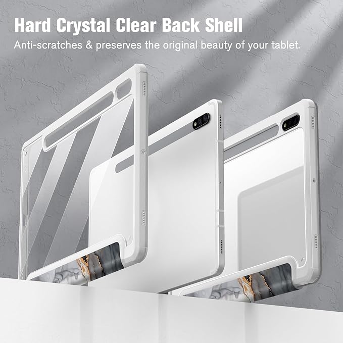Fintie Hybrid Slim Case for Samsung Galaxy Tab S8/Tab S7 11 Inch (Model SM-X700/X706/T870/T875/T878) with S Pen Holder, Shockproof Cover with Clear Transparent Back Shell, Cloudy Marble