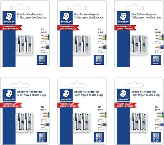 STAEDTLER 6-Pack Metal Double-Hole Pencil Sharpener - Precision 23° & 30° Angles for Standard & Colored Pencils - 3-Point Blade Design for Sharp Lines, 6 Count