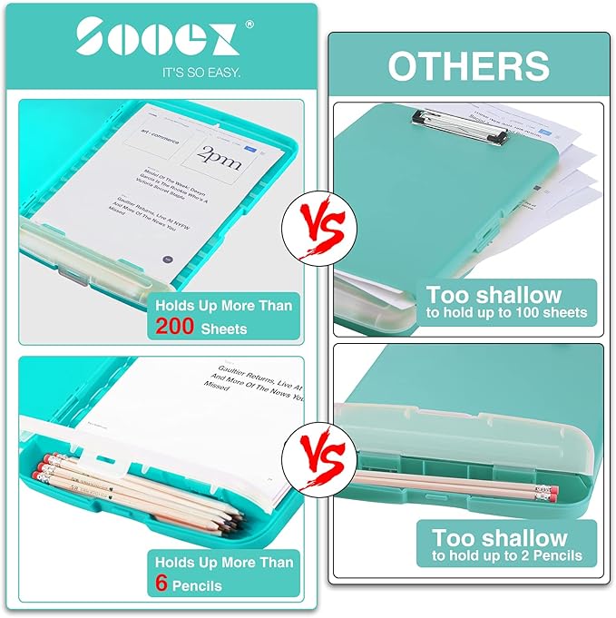 Sooez Clipboard with Storage, Clip Board 8.5 x 11 with Pen Holder, Plastic Organization Case Box for Letter Legal A4 Size Paper, Low Profile Clip, Nurses Teachers Must Haves, School & Office Supplies
