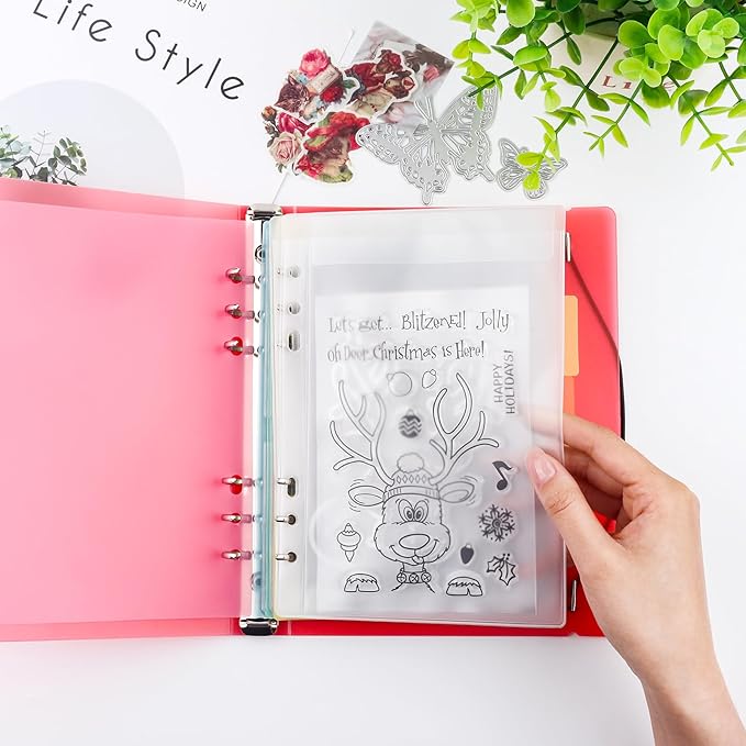 BAOFALI 3Pcs /Set A5 6 Ring Binder Cover Clean Transparent Soft PVC for Refillable Notebook Shell withMatte surfaceforStamp & Die Storage (Red)