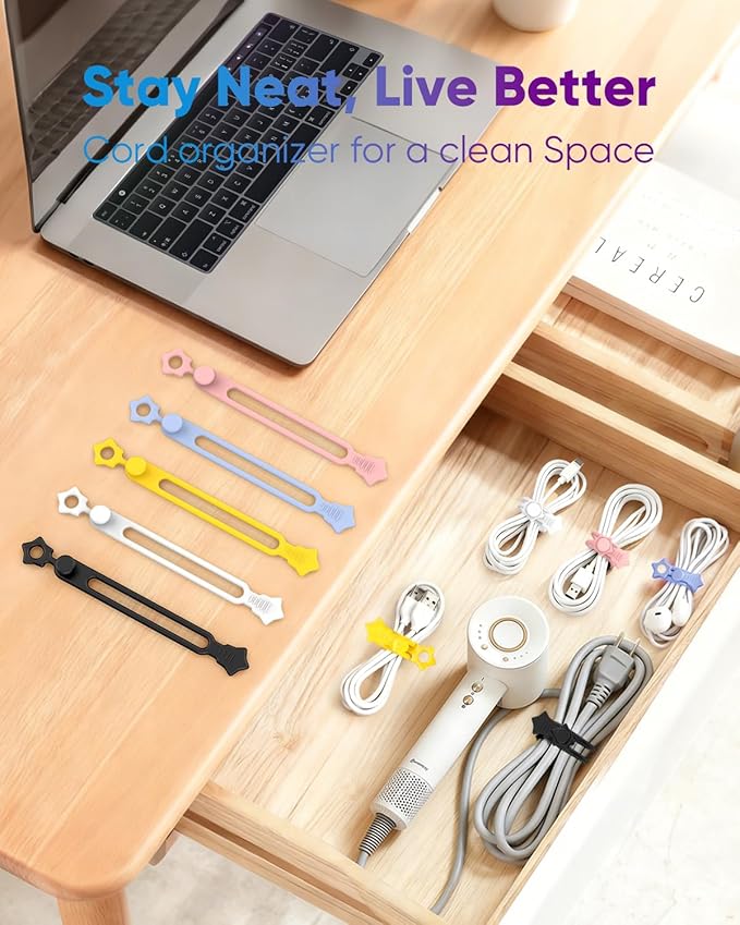 16 Pack Silicone Cable Ties, Reusable Star Design Cord Organizer Straps With 2 Binding Methos, Durable & Stretchable Wire Management for Home, Office, Travel (Black&White)