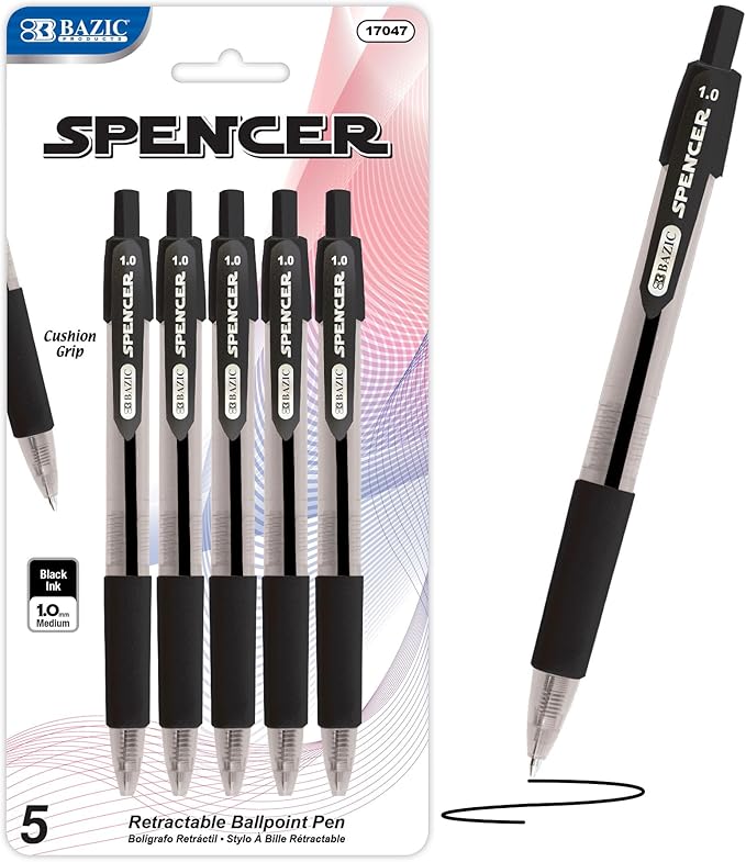 BAZIC PRODUCTS Gel Pens, Spencer Retractable Gel Pen, 1.0 mm Bold Tip for Smooth Writing for Office, School, or Teacher Use, Premium Writing Pens (5/Pack), 1-Pack