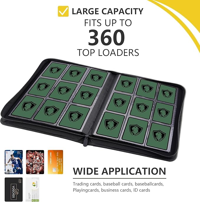 Card Binder 9 Pocket with Zipper,360 Pockets Trading Card Holder Book, Premium PU Cover Zip Folder Binder for TCG, MTG,Sports Cards, Game Cards (Greens)