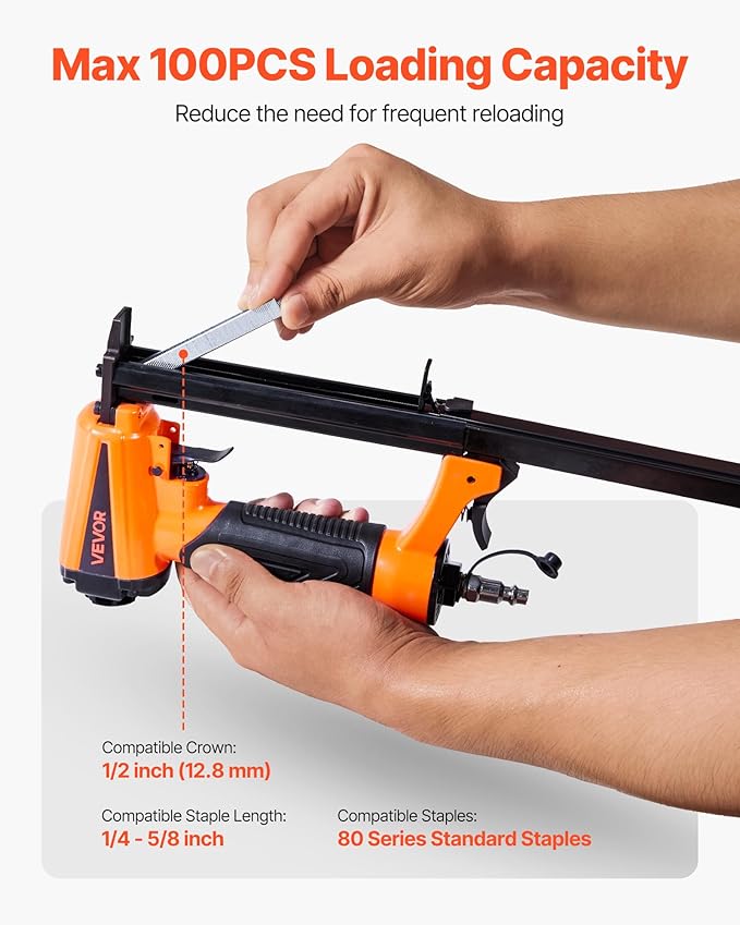 VEVOR Pneumatic Staple Gun, 21 Gauge Pneumatic Upholstery Stapler for 80 Series 1/2-inch Crown 1/4"-5/8" Length Staples, 70-110 PSI Air Staple Gun for Woodworking, Upholstering, Crafts, DIY Projects