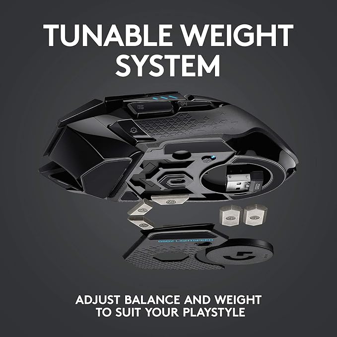 Logitech G502 Lightspeed Wireless Gaming Mouse with Hero 16K Sensor, PowerPlay Compatible, Tunable Weights and Lightsync RGB - Black (Renewed)