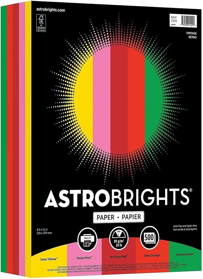 Neenah Bright Color Paper, Wausau Astrobrights®, Letter Paper Size, 24 Lb, 8-1/2 x 11 in, Multi-colored, Ream Of 500 Sheets