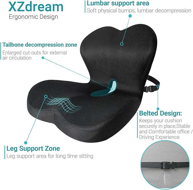 Memory Foam Seat Cushion,Office Chair Cushion with Lumbar Support for Back Pressure Relief,Sciatica,Non Slip Car Seat Cushion with Strap,Pad Orthopedic Cushions for Car,Truck,Desk (D-Black+Mesh Cloth)