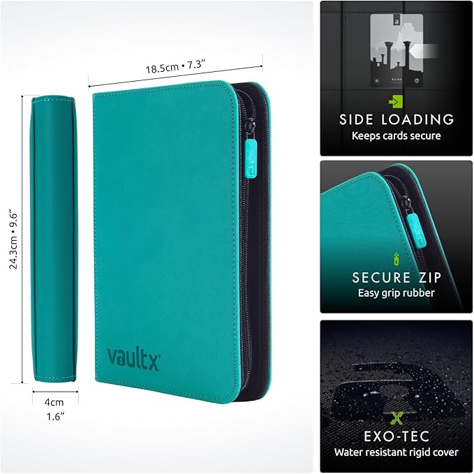 Vault X 4 Pocket Trading Card Zip Binder, 160 cards, Premium Exo-Tec Album Material, 20 Side-Loading Pages, Folder for Collectible Card Games, Sports, TCG (Teal)