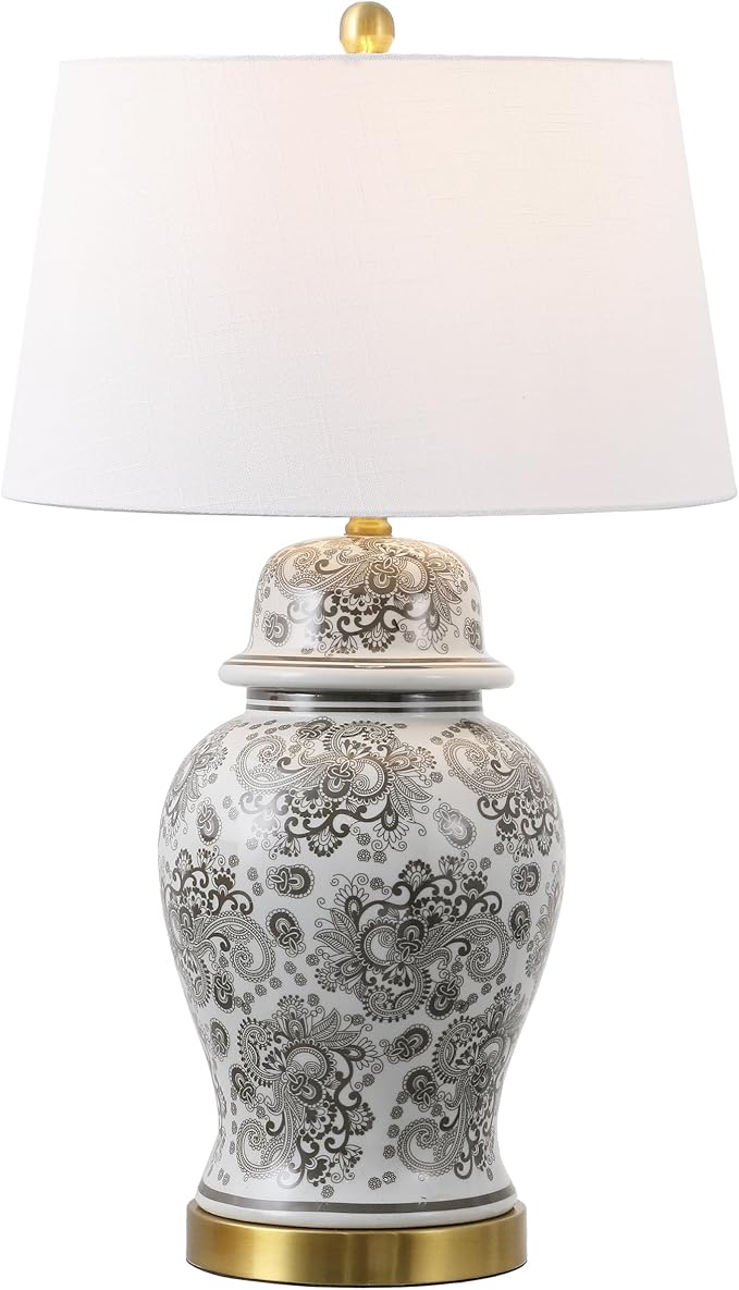 JONATHAN Y 29.5" Gray/White Ceramic Table Lamp for Living Room and Office, White Linen Drum Shade, Traditional Chinoiserie Ginger Jar Lamp, LED Bulb Included (JYL3008B)