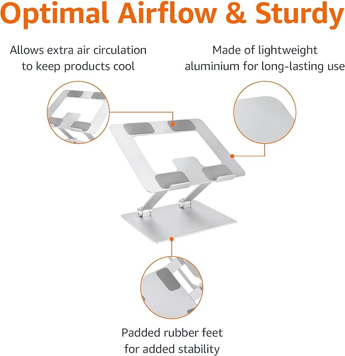 Amazon Basics Sturdy and Portable Ergonomic Laptop Stand for Desk,Height Adjustable Riser with Ventilated Cooling,Foldable,Fits All Laptops up to 17.3 Inch,Silver,10 x 8.7 x 6 in,(Pack of 12)