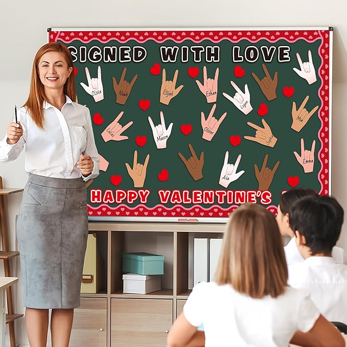 Valentine's Day Bulletin Board Decorations Set Signed with Love Classroom Decoration Happy Valentine's Day Love Heart Hand Gesture Cutouts for School Office Home Chalkboard Wall Decor Party Supplies